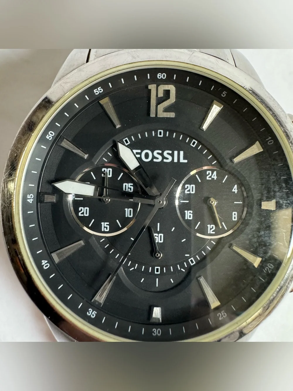 Fossil Grant Watch Chronograph Silver Tone Black Dial Stainless Steel Works